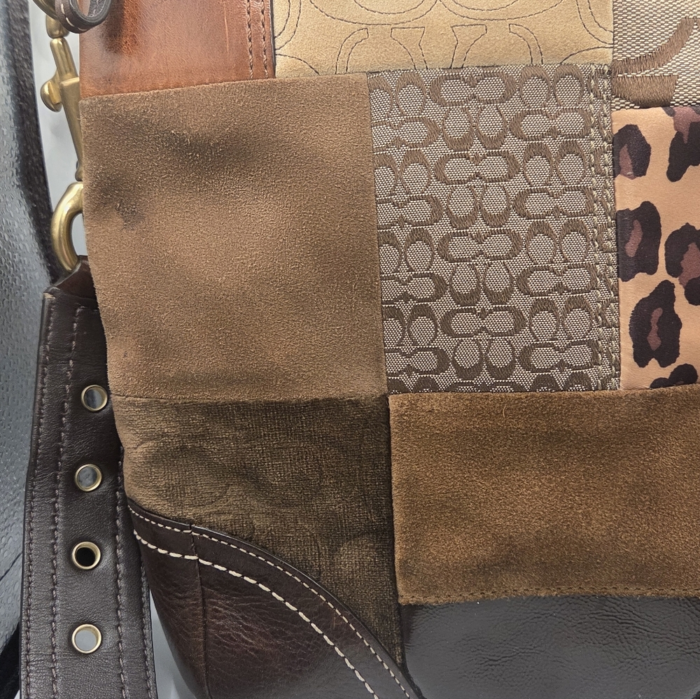 VTG COACH Patchwork Top Zipper Crossbody Tote Shoulder Bag Brown Lining - Picture 2 of 10